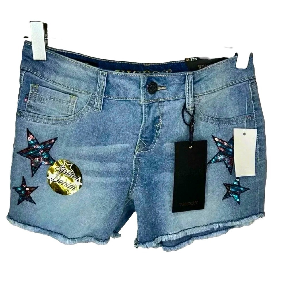2/$30 Vigoss Girls Denim Jean Shorts Stretch Sequin Sparkle Embellished